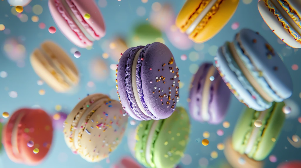 cake pastel purple cream and yellow coloured macaroons floating in the air phone wallpaper 4k