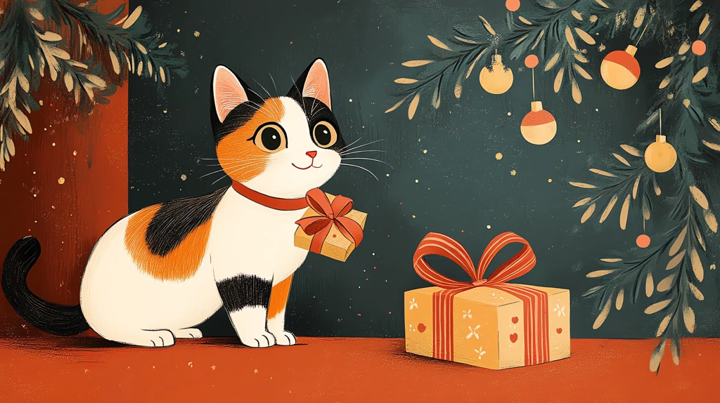 calico cat with a present chrismas mood desktop wallpaper 4k