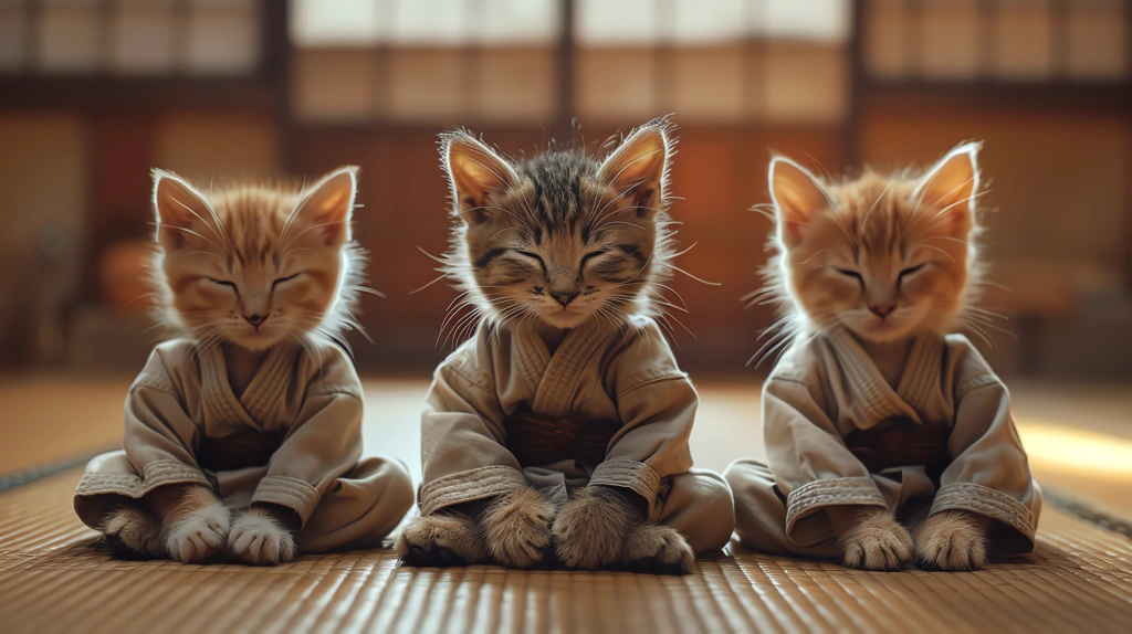 calico kittens wearing karate uniforms with brown belts desktop wallpaper 4k