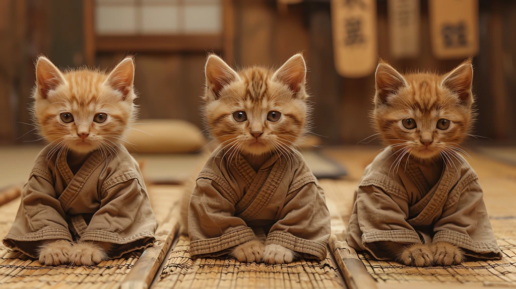 calico kittens wearing karate uniforms with brown belts meditating with calm expressions desktop wallpaper 4k