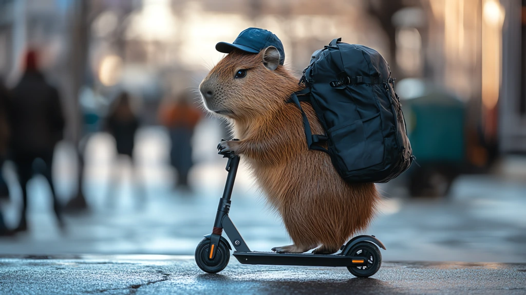 capybara is riding a g2 max ninebot scooter to work with a black backpack desktop wallpaper 4k