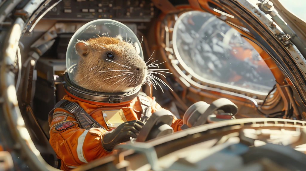 capybara wearing 70s soviet union space suit piloting space shuttle desktop wallpaper 4k