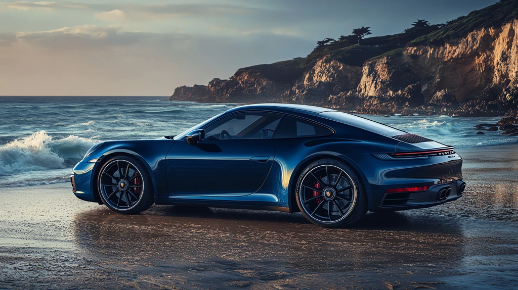 car photograph of a modern 2024 dark blue porsche 911 traveling desktop wallpaper 4k