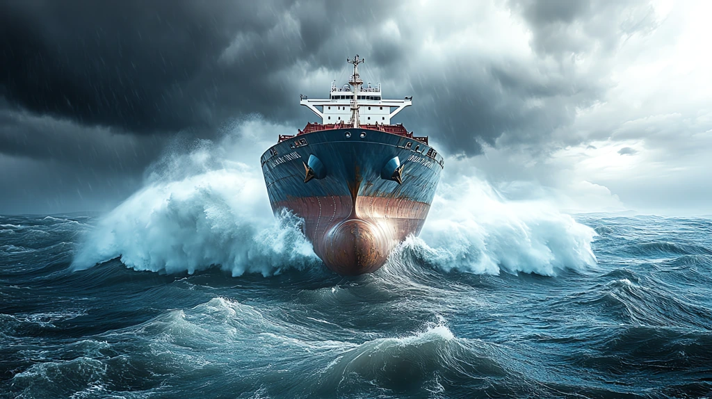 cargo ship battling towering waves during a storm with spray flying off the bow and dark clouds desktop wallpaper 4k