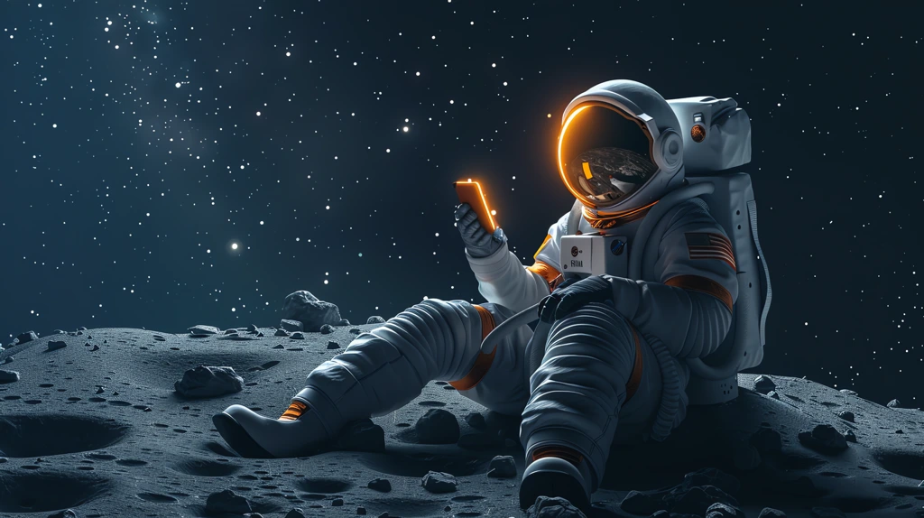 cartoon astronaut sitting on moon looking at his phone desktop wallpaper 4k