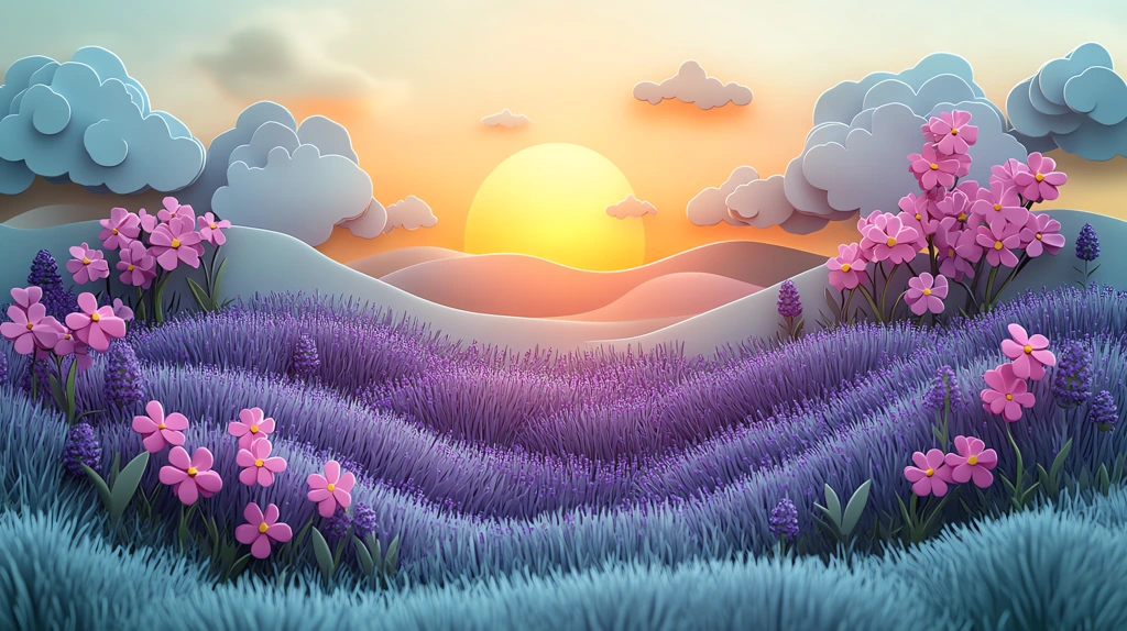 cartoon landscape with clouds flowers and trees; fields of lavender; a sunset desktop wallpaper 4k