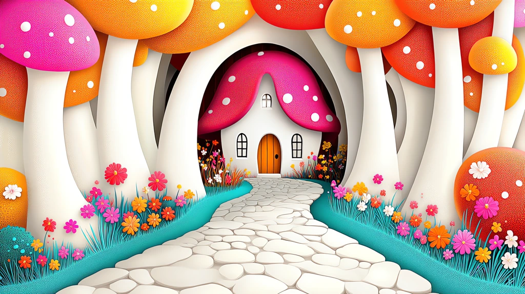 cartoon-style fantasy forest with mushrooms and wildflowers a stone path in the center desktop wallpaper 4k