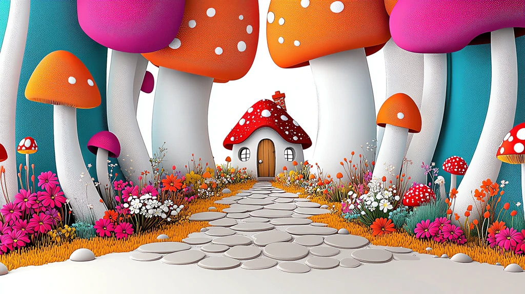 cartoon-style fantasy forest with mushrooms and wildflowers desktop wallpaper 4k