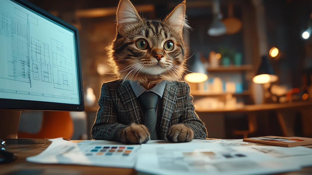 cat in a suit focused on design work desktop wallpaper 4k