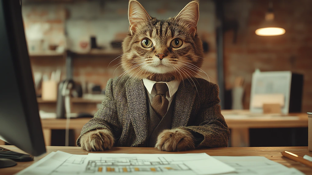 cat in a suit sitting in front of a computer in a modern office focused on design work desktop wallpaper 4k