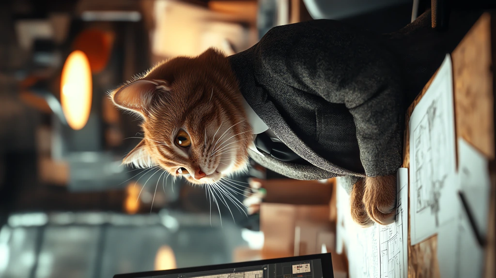 cat in a suit sitting in front of a computer in a modern office phone wallpaper 4k