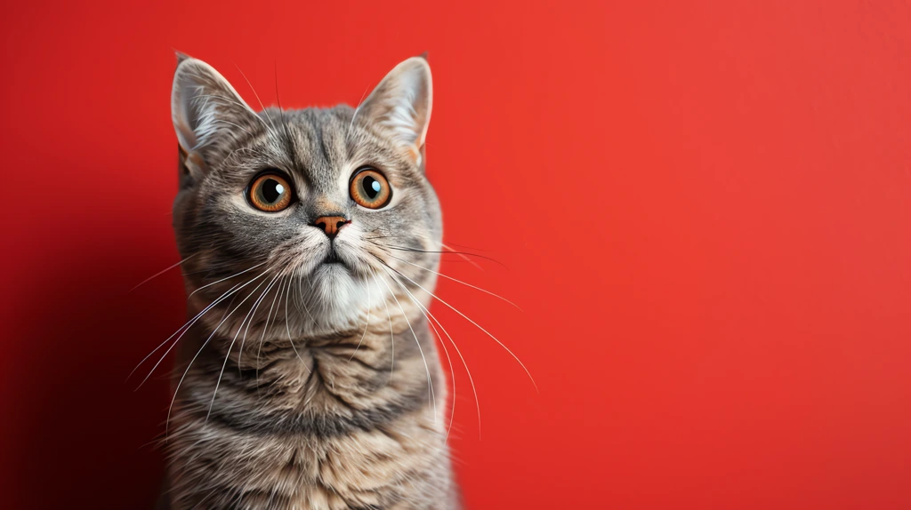 cat looking shocked or surprised on red baclground desktop wallpaper 4k