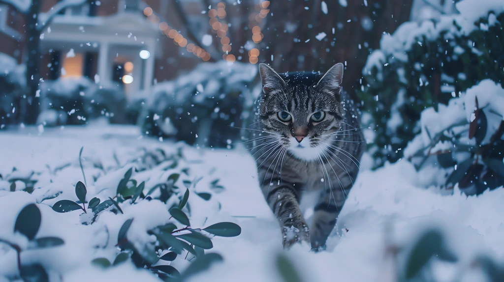 cat running through fresh snow fantasy cozy atmosphere soft light evening desktop wallpaper 4k