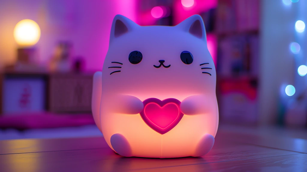 cat-shaped night light chubby body with a pink heart-shaped book in hand big eyes and a smiling desktop wallpaper 4k