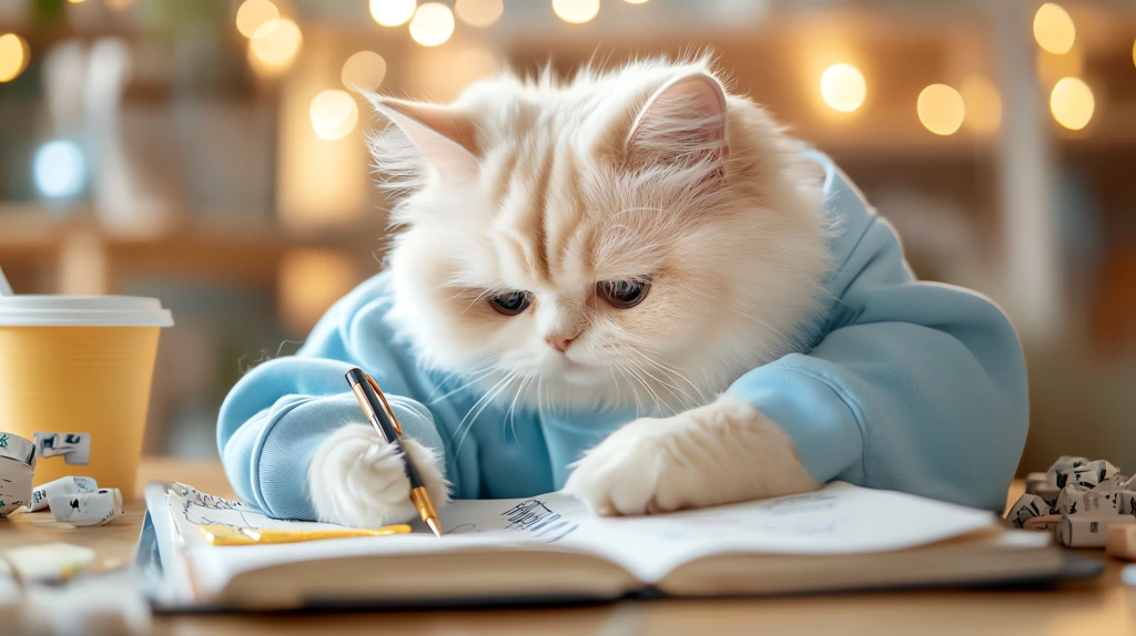 cat wearing a blue sweatshirt homework carefully desktop wallpaper 4k