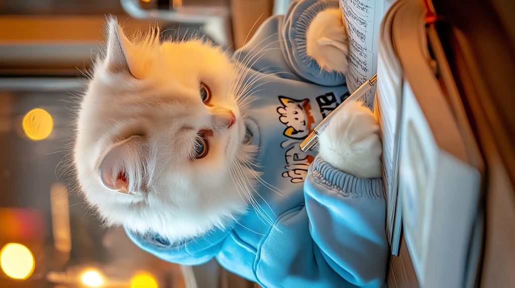 cat wearing a blue sweatshirt with a pen in hand phone wallpaper 4k