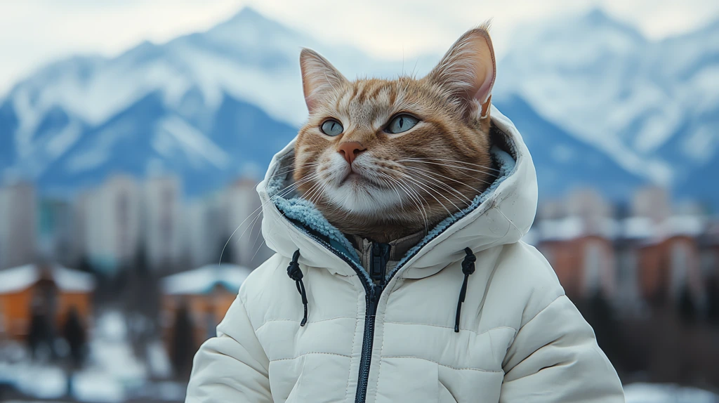 cat wearing a white trendy bomber with almaty desktop wallpaper 4k