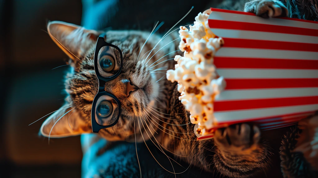 cat wearing glasses and holding popcorn phone wallpaper 4k