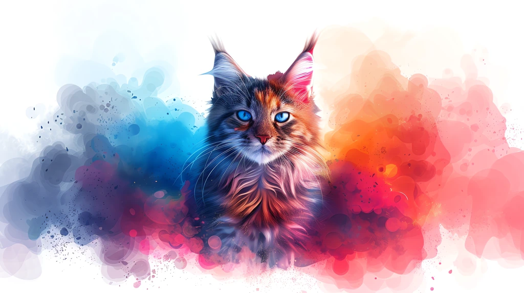 cat with colorful smoke around it on a white desktop wallpaper 4k