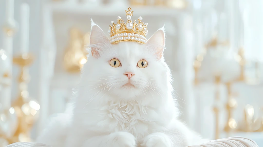 cat with elegant white fur sitting on a velvet cushion wearing a small royal crown desktop wallpaper 4k