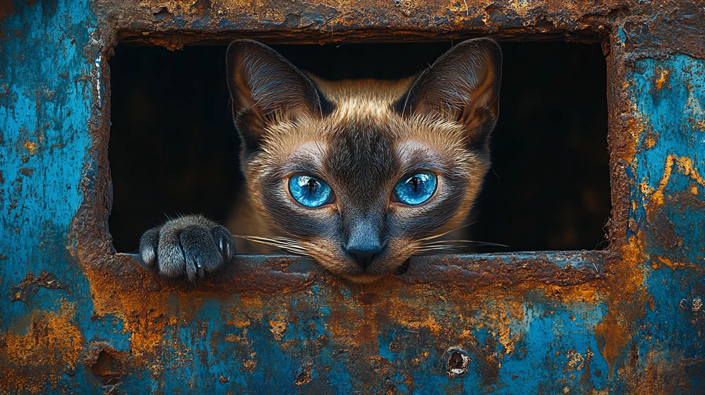 cat with large vivid blue eyes peeks through a crack desktop wallpaper 4k