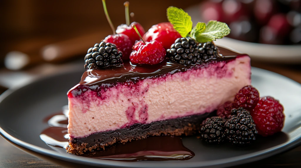 cherry cheesecake covered in a glossy chocolate sauce on top desktop wallpaper 4k