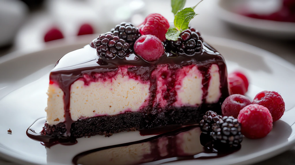 cherry cheesecake covered in a glossy chocolate sauce on top with fresh berries on the side desktop wallpaper 4k