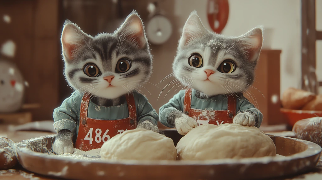 cinematic shot of cute cats in aprons kneading dough still from a commercial advertisement desktop wallpaper 4k