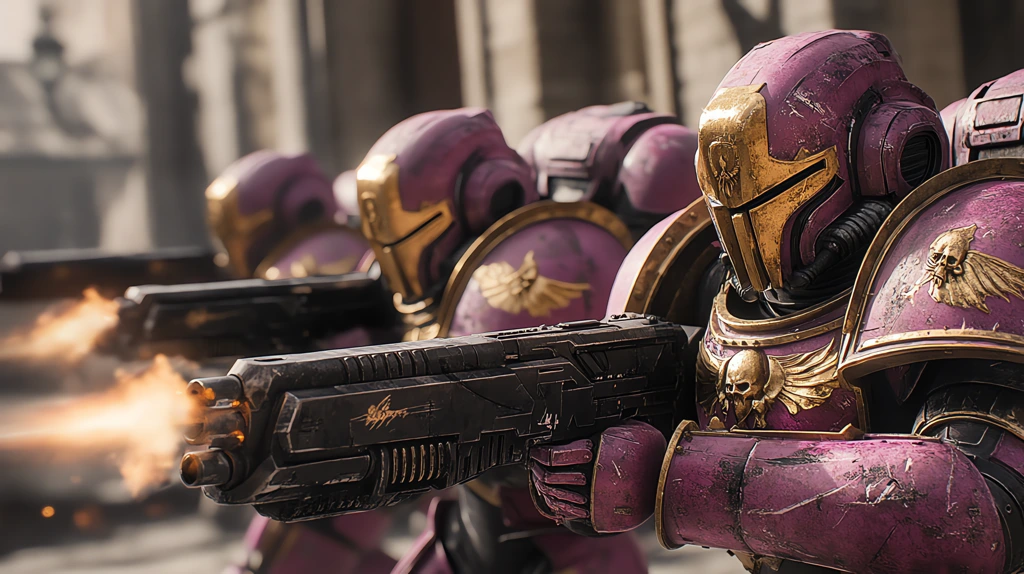 cinematic shot warhammer 40000 three space marines in perfect purple pink desktop wallpaper 4k