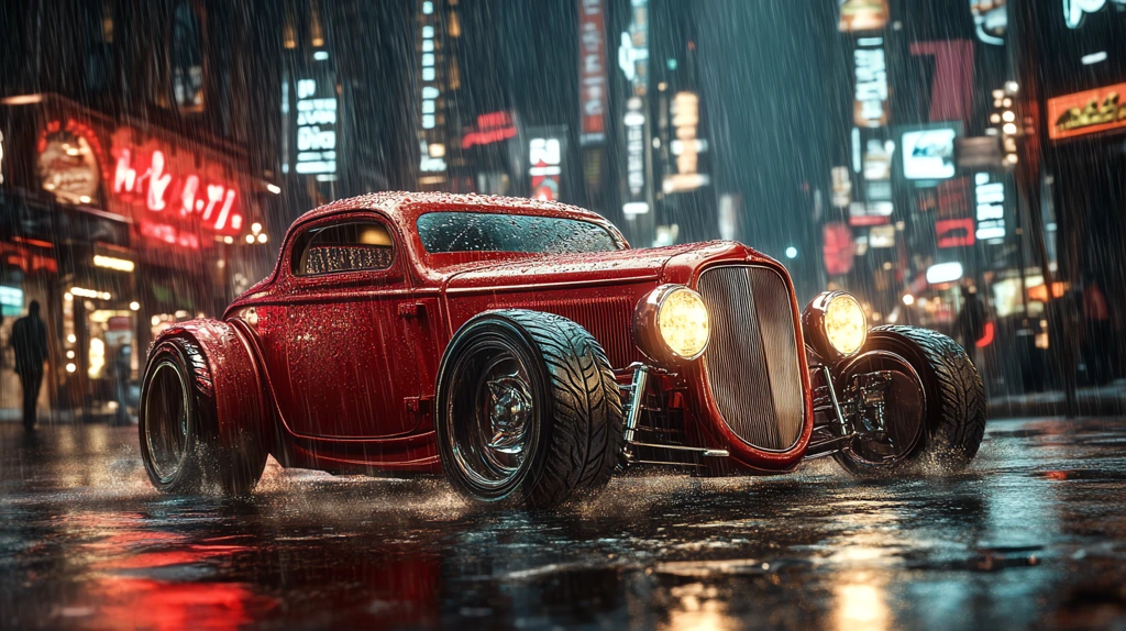 classic hot rod in the rain street city desktop wallpaper 4k