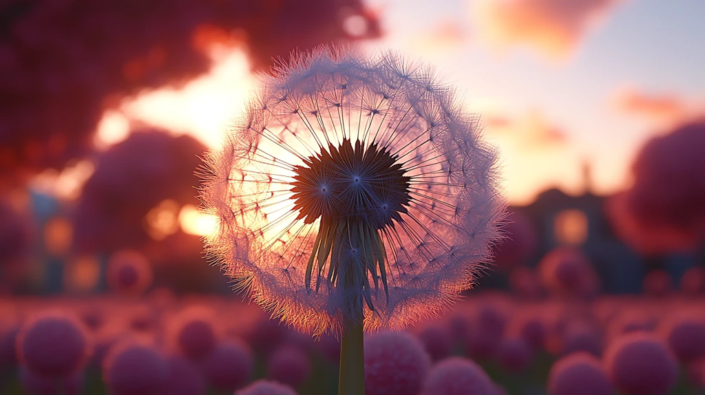 close-up of a dandelion with its delicate seeds dispersing backlit by the soft golden glow of the setting sun desktop wallpaper 4k