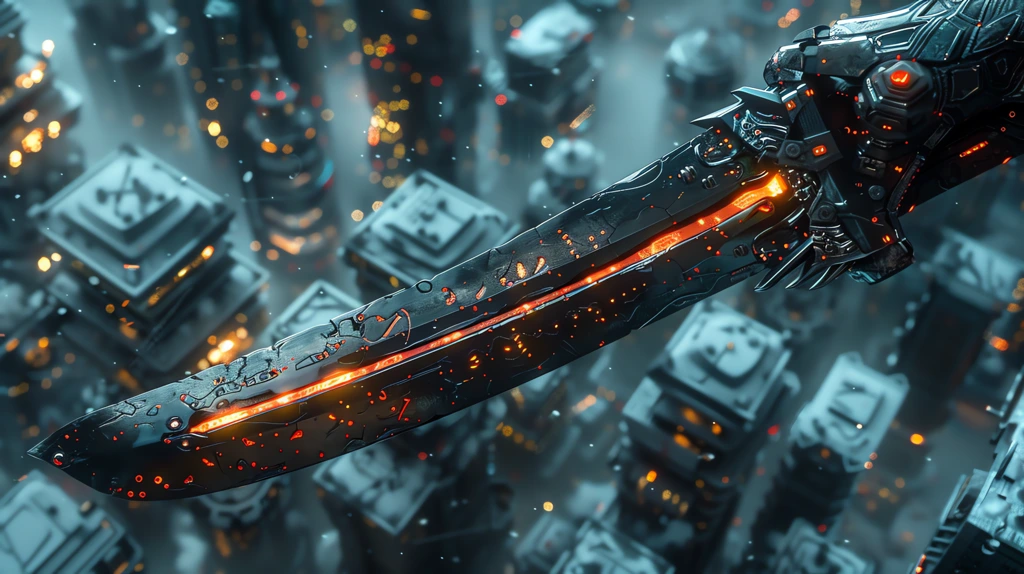 closeup shot of a cyerpunk intricate katana made up of glowing metal desktop wallpaper 4k