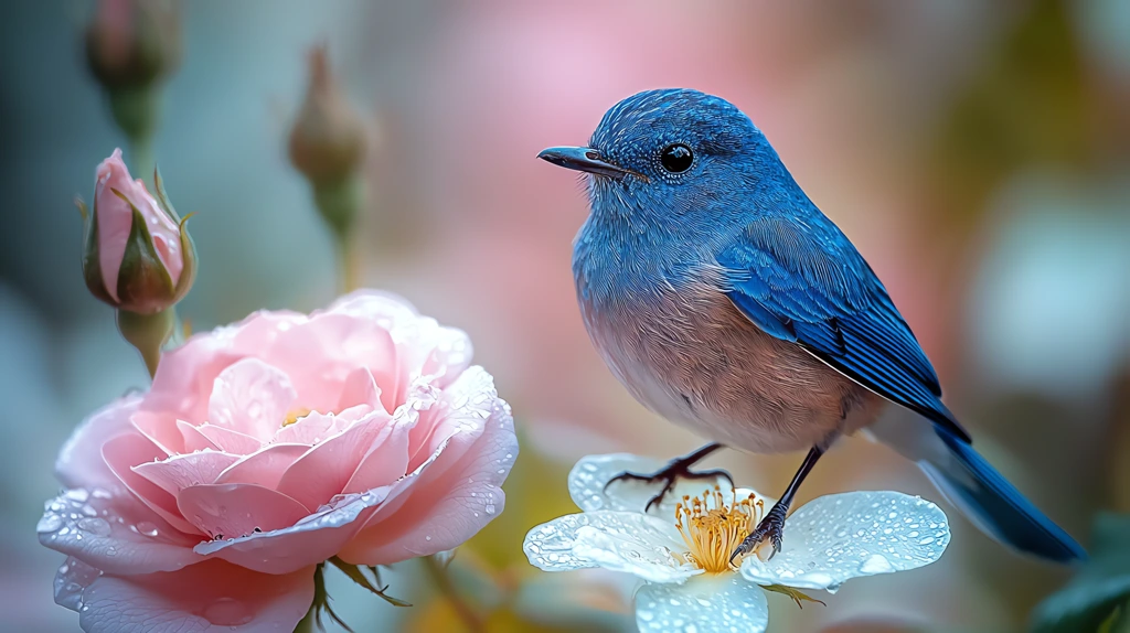 closup of a blue and violett bird sitting on a white rose stretching his body ted colors cinematic contour lighting desktop wallpaper 4k