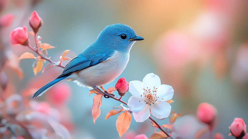 closup of a blue and violett bird sitting on a white rose stretching his body ted colors desktop wallpaper 4k