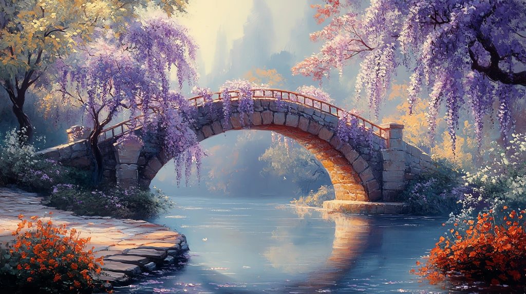 cobblestone bridge arching over a calm river version two desktop wallpaper 4k