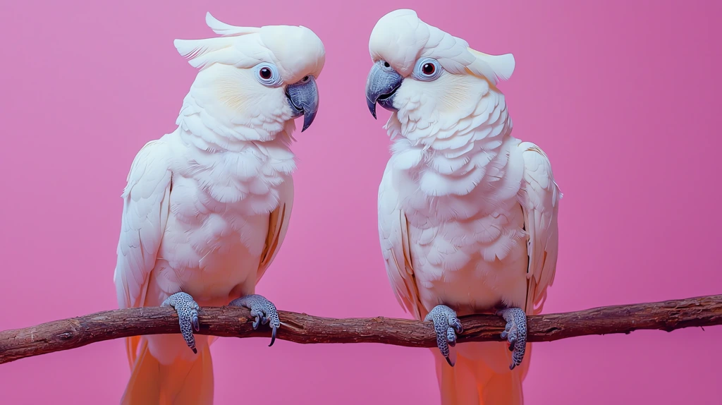 cockatoos on a branch in a studio with vibrant purple desktop wallpaper 4k