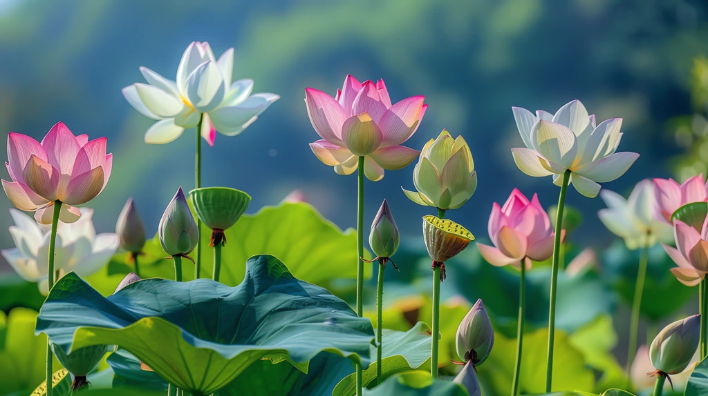 colored lotus flowers and unopened bud colors in the sky desktop wallpaper 4k