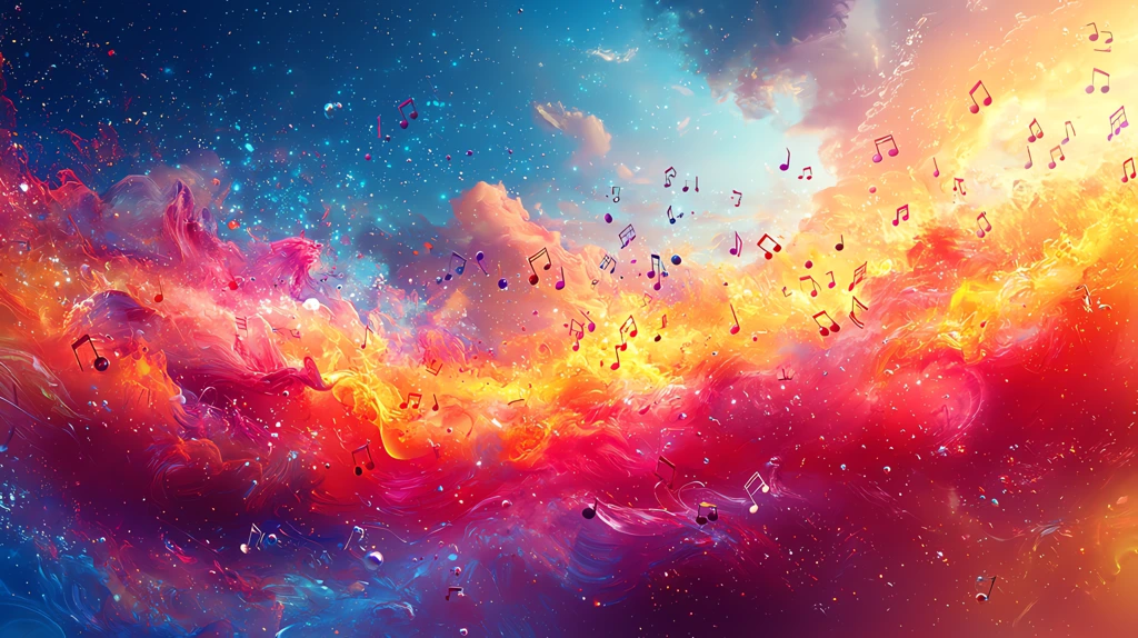 colorful abstract music notes falling from the sky blending into a vibrant gradient desktop wallpaper 4k