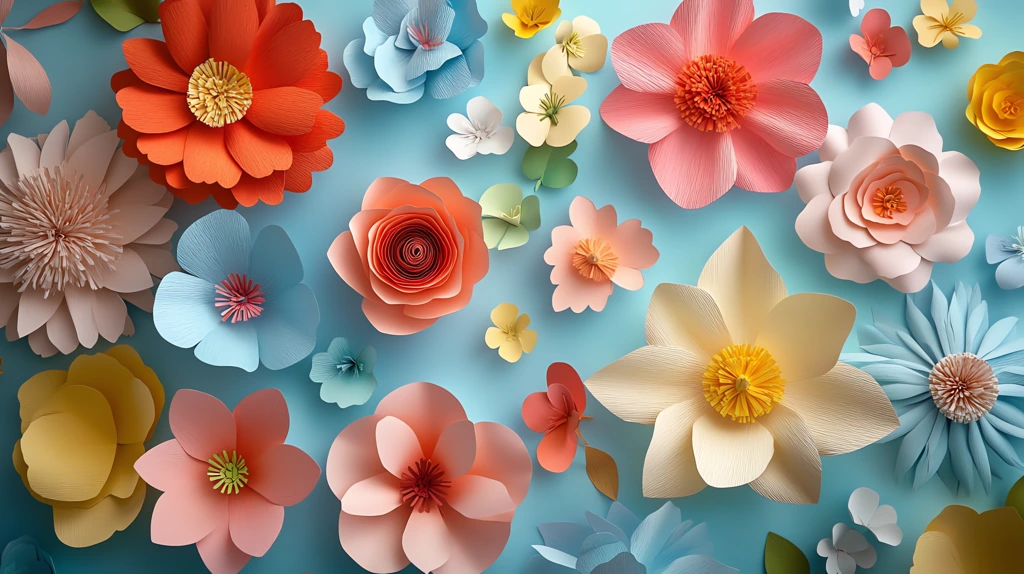 colorful array of paper flowers floating on a pastel blue desktop wallpaper 4k