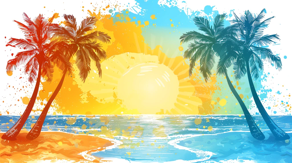 colorful beach with sunny yellow palm trees white desktop wallpaper 4k