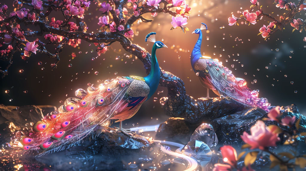colorful crystal tree peacocks desktop wallpaper 4k
