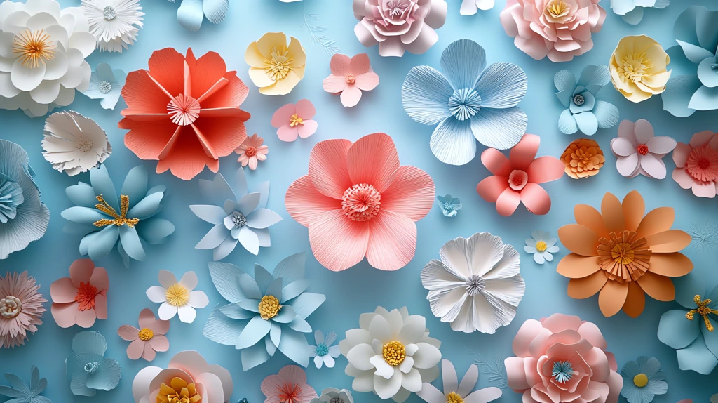 colorful flowers floating on a pastel blue desktop wallpaper 4k