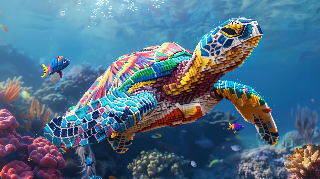 colorful hawksbill sea turtle made of legos in the sea desktop wallpaper 4k