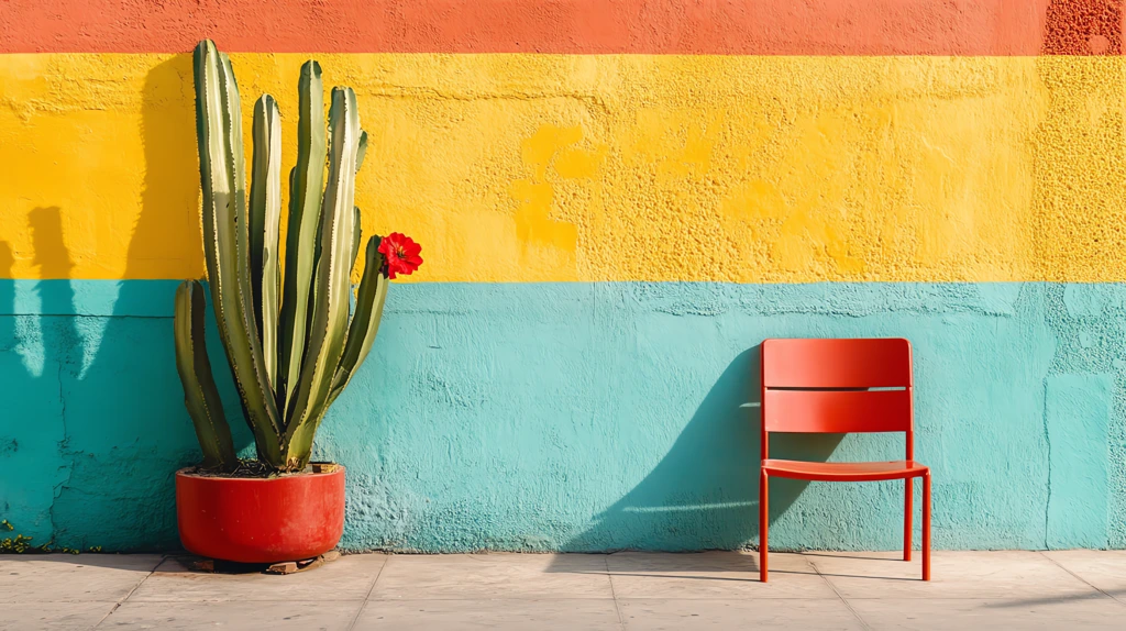 colorful mexican wall with cacti and a red chair minimalist photography a colorful mural desktop wallpaper 4k