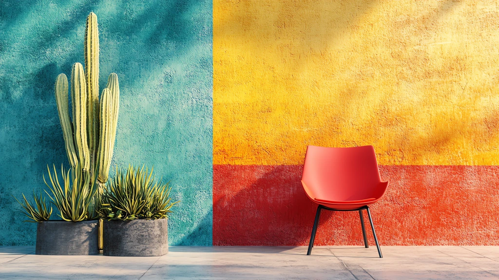 colorful mexican wall with cacti and a red chair minimalist photography desktop wallpaper 4k