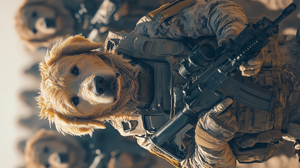 contingent of anthropomorphic golden retriever soldiers clad in combat gear phone wallpaper 4k