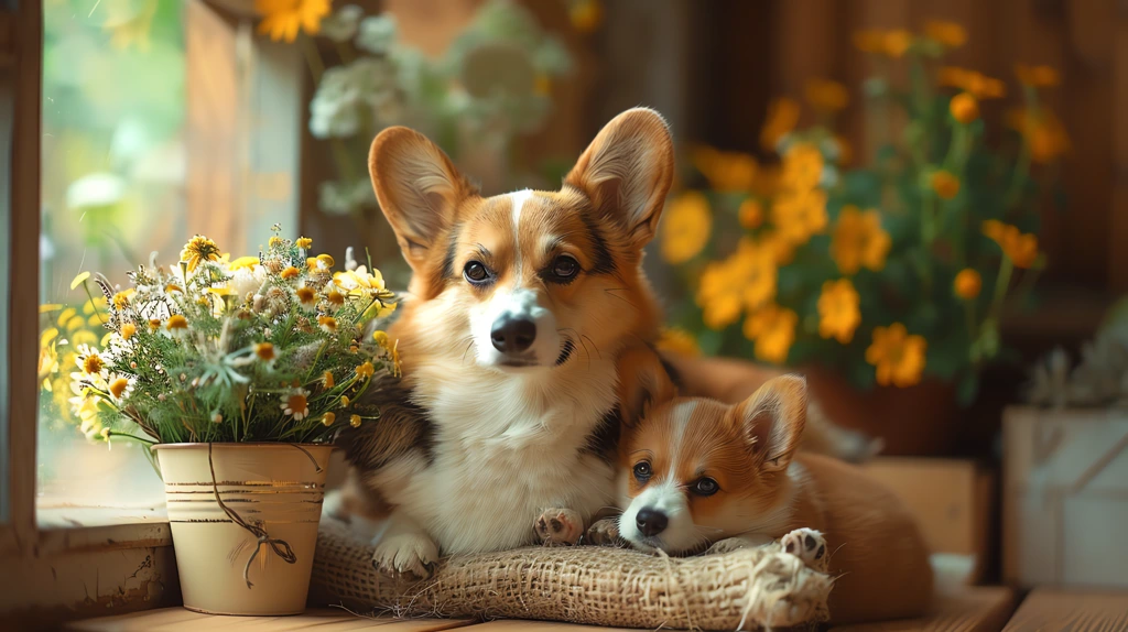 corgi mother and puppy on mother day advertising photography desktop wallpaper 4k