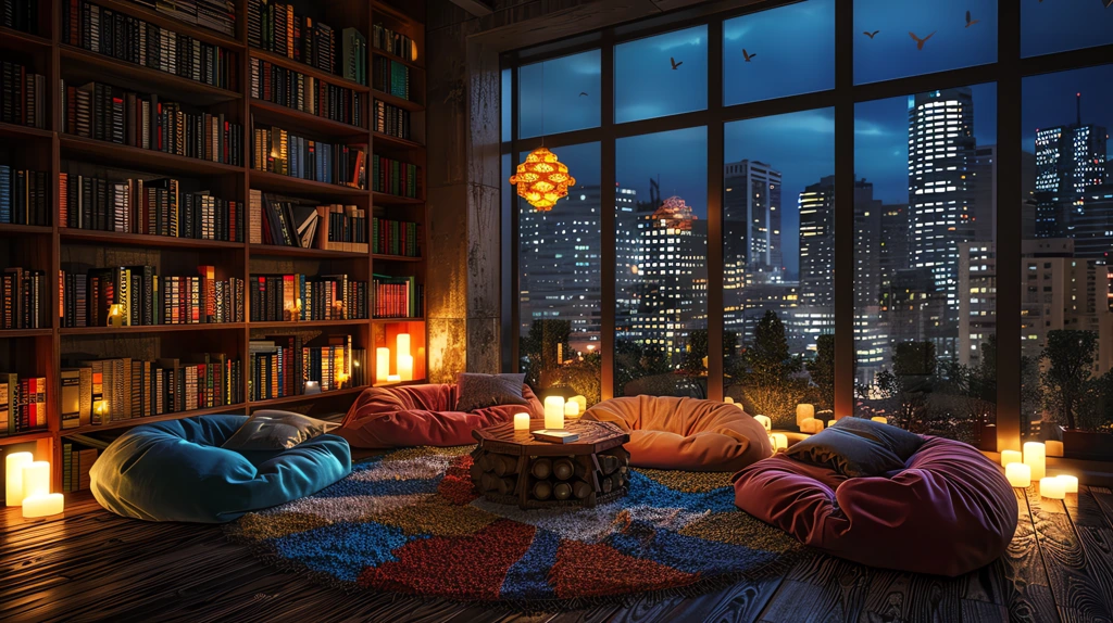 cozy reading nook the city at night desktop wallpaper 4k