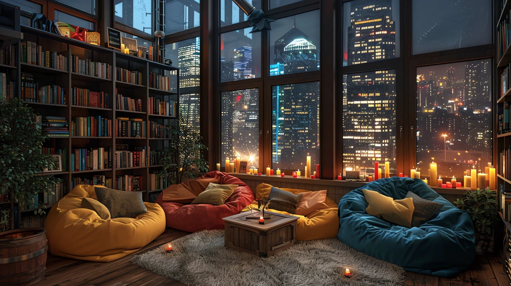 cozy reading nook with large windows the city at night desktop wallpaper 4k