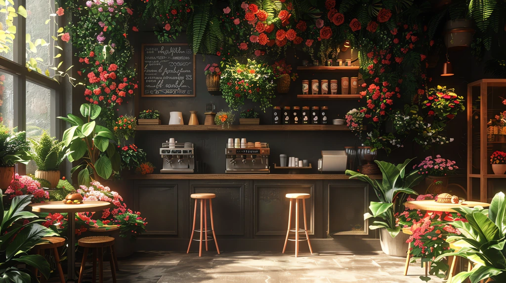 cozy spring coffee shop with flowers desktop wallpaper 4k